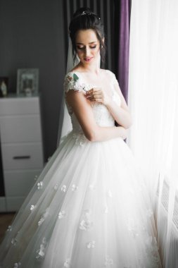 Cüppeli muhteşem gelin bir odada düğün töreni için poz veriyor ve hazırlanıyor.