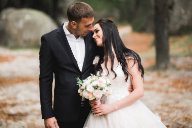 Parkta kucaklaşan yeni evli çiftin güzel romantik düğünü.