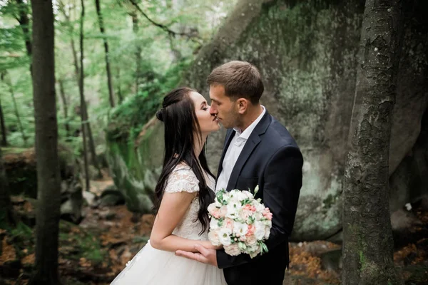 Romantický, pohádkový, šťastný novomanželský pár objímající a líbající se v parku, stromy v pozadí — Stock fotografie