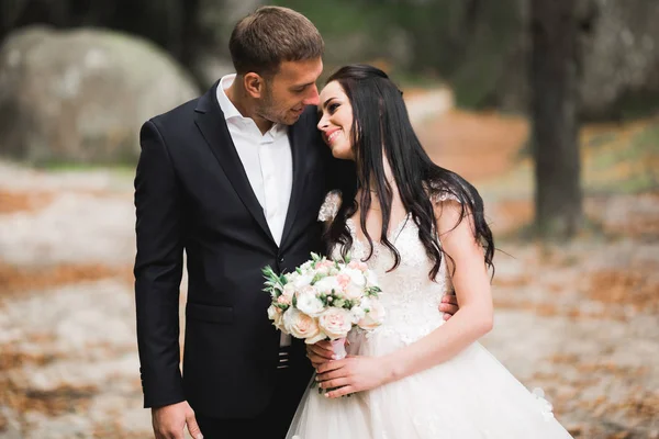 Parkta kucaklaşan yeni evli çiftin güzel romantik düğünü.