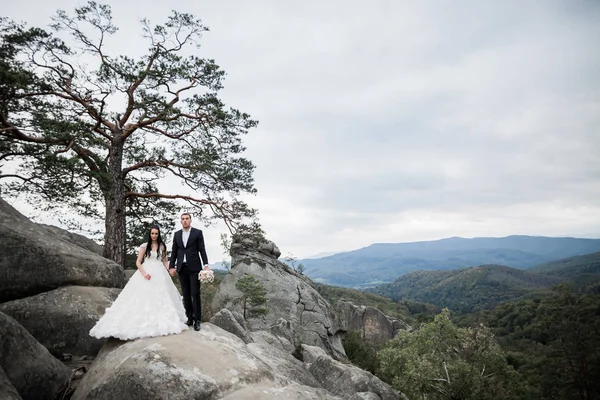 Hermosa novia hermosa posando para el novio y divertirse cerca de las montañas con una vista increíble, espacio para el texto, pareja de boda —  Fotos de Stock