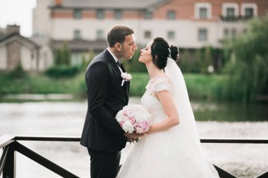 Güzel gelin ve damat evlendikleri gün kucaklaşıp öpüşüyorlar.