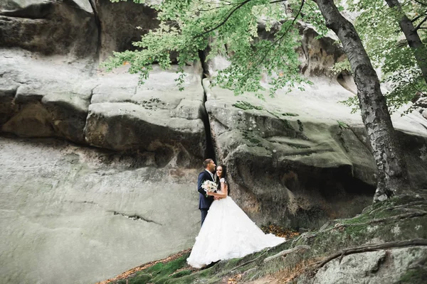 Bella sposa splendida in posa per lo sposo e divertirsi vicino a montagne con vista incredibile, spazio per il testo, coppia di nozze — Foto Stock