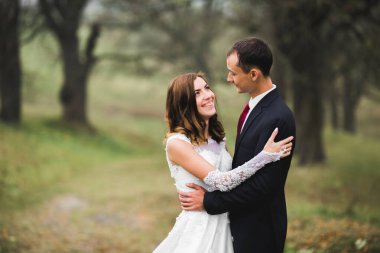 Romantik, peri masalı, mutlu yeni evli çift parkta sarılıp öpüşüyor, arka planda ağaçlar...