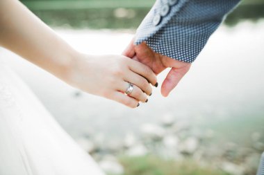 Düğün günü el ele tutuşan çift, damat ve gelin.