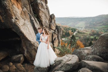 Romantik düğün anı, yeni evli çiftin gülümseyen portresi, gelin ve damadın kucaklaşması