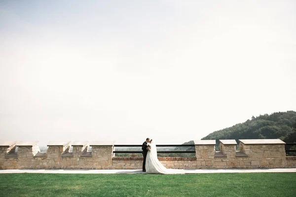 Belle mariée et marié embrasser et embrasser le jour de leur mariage à l'extérieur — Photo