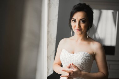 Tüylü, lüks makyaj, saç stili, stüdyo içi fotoğraf çekimi olan güzel bir gelin.