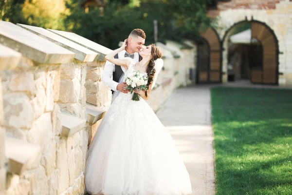 Casamento casal na natureza está abraçando uns aos outros. Menina modelo bonita em vestido branco. Homem de fato — Fotografia de Stock