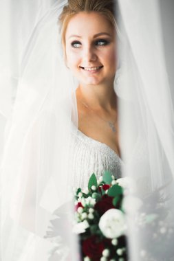 Tüylü, lüks makyaj, saç stili, stüdyo içi fotoğraf çekimi olan güzel bir gelin.