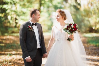 Romantik, peri masalı, mutlu yeni evli çift parkta sarılıp öpüşüyor, arka planda ağaçlar...