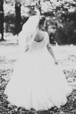 Tüylü, lüks makyaj, saç stili, stüdyo içi fotoğraf çekimi olan güzel bir gelin.