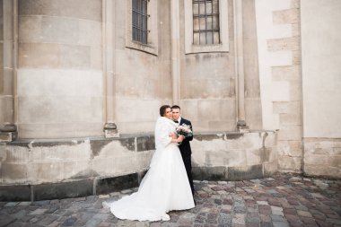 Romantik düğün anı, yeni evli çiftin gülümseyen portresi, gelin ve damadın kucaklaşması