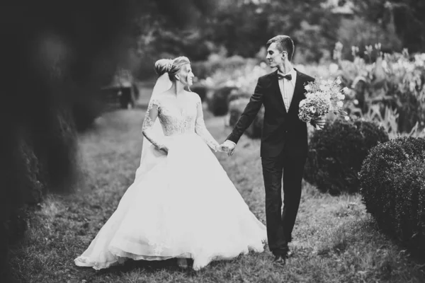Щаслива весільна пара гуляє в ботанічному парку — стокове фото