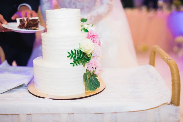 Novia y novio en la boda de corte de la torta de boda — Foto de Stock