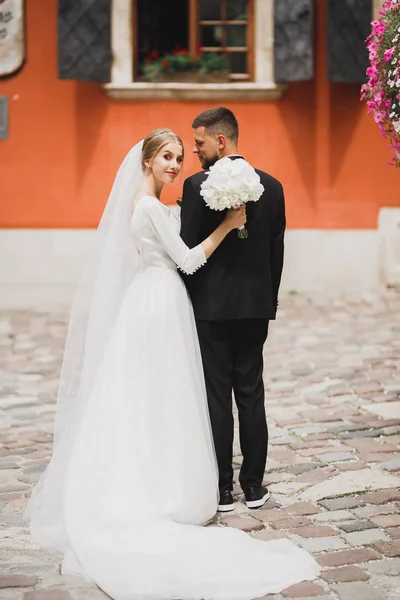 Momento romantico di nozze, coppia di sposi che sorridono ritratto, sposa e sposo che si abbracciano — Foto Stock