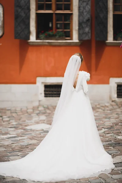 Retrato de beleza de noiva vestindo vestido de noiva de moda com penas com deleite de luxo make-up e penteado — Fotografia de Stock