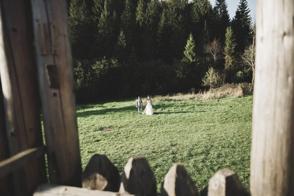 Hermosa pareja de recién casados cuento de hadas abrazándose cerca del antiguo castillo medieval — Foto de Stock