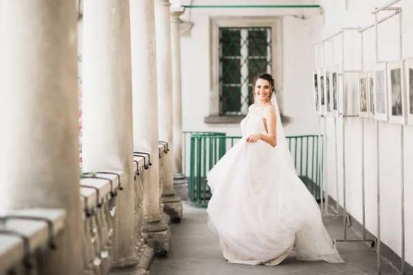 Retrato de belleza de la novia con vestido de novia de moda con plumas con maquillaje y peinado de lujo deleite —  Fotos de Stock