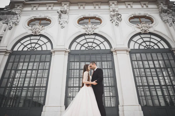 Bella coppia di nozze felice, sposa con abito lungo bianco — Foto Stock