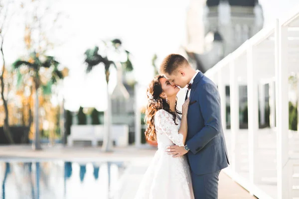 Pareja perfecta novia, novio posando y besándose en el día de su boda — Foto de Stock