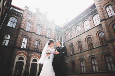 Mükemmel bir çift gelin ve damat düğün günlerinde poz verip öpüşürler.