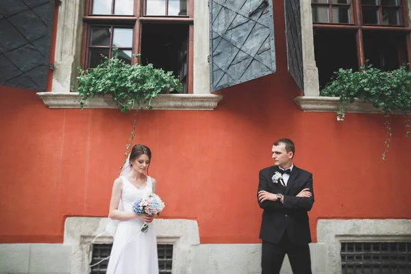 Lovely happy wedding couple, bride with long white dress — Stock Photo, Image