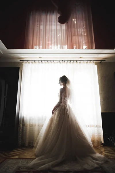 Retrato de belleza de la novia con vestido de novia de moda con plumas con maquillaje y peinado de lujo deleite — Foto de Stock