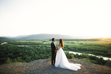 Düğün günü el ele tutuşan çift, damat ve gelin.