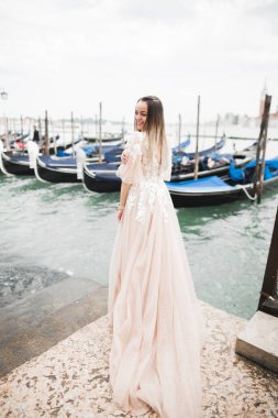 Gelinin güzel portresi moda gelinliği içinde tüylü, lüks makyaj ve saç stili.