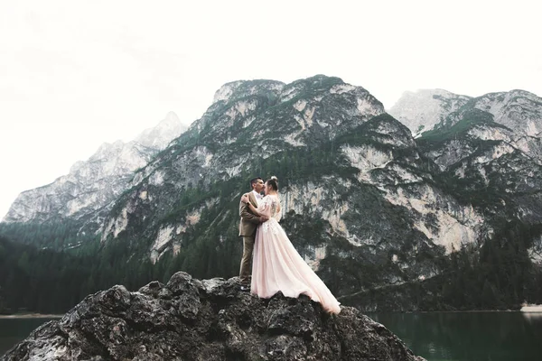 Casamento romântico momento, casal de recém-casados sorrindo retrato, noiva e noivo abraçando — Fotografia de Stock