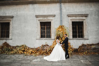 Göz kamaştırıcı mutlu çift birbirine yakın duruyor ve gözlerinin içine bakıyor.