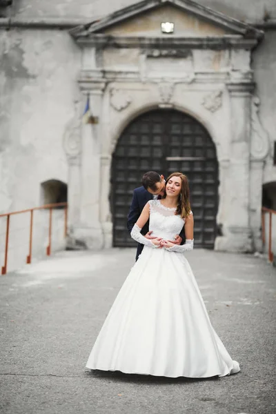 Momento de boda romántico, pareja de recién casados sonriendo retrato, novia y novio abrazándose — Foto de Stock