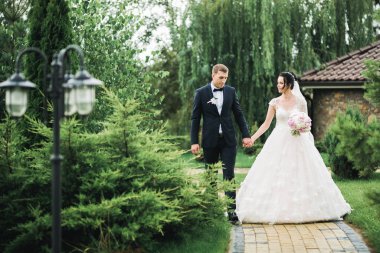 Düğün günü el ele tutuşan çift, damat ve gelin.