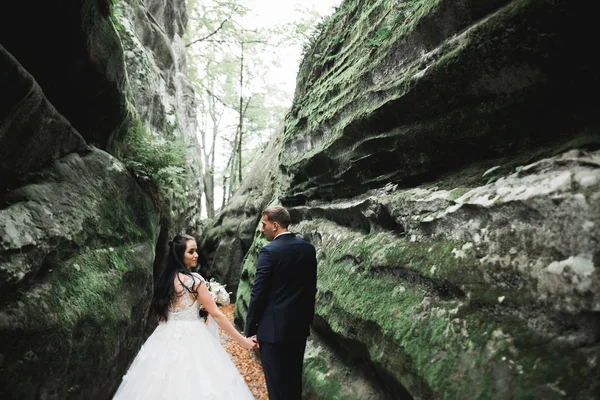 Pareja de boda cogidos de la mano, novio y novia juntos en el día de la boda — Foto de Stock