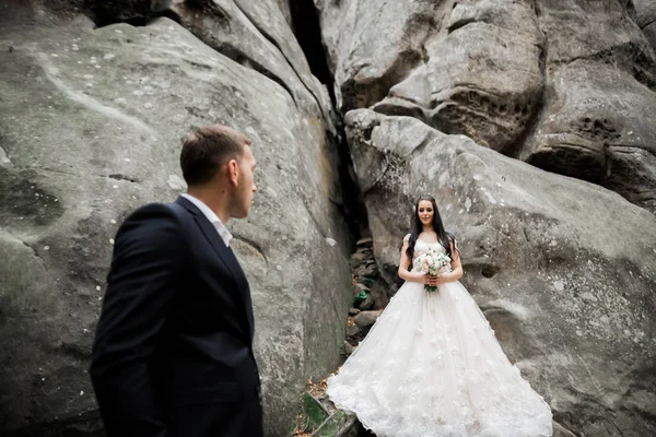 Красива розкішна наречена позує з нареченим і розважається біля гір з дивовижним видом, простір для тексту, весільна пара — стокове фото