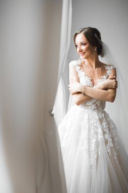 Cüppeli muhteşem gelin bir odada düğün töreni için poz veriyor ve hazırlanıyor.