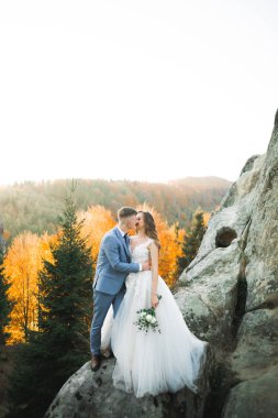 Güzel gelin ve damat evlendikleri gün kucaklaşıp öpüşüyorlar.