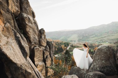Güzel gelin kaya arka plan yakınındaki dağlarda poz