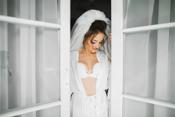 Belle mariée portant une robe de mariée de mode avec des plumes avec luxe délice maquillage et coiffure, studio séance photo d'intérieur — Photo