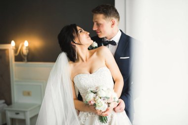 Romantik düğün anı, yeni evli çiftin gülümseyen portresi, gelin ve damadın kucaklaşması