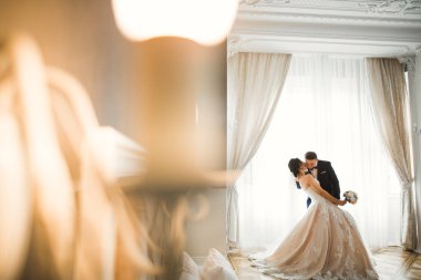 Romantik düğün anı, yeni evli çiftin gülümseyen portresi, gelin ve damadın kucaklaşması