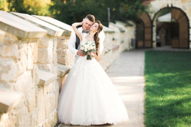 Doğadaki düğün çifti birbirine sarılıyor. Beyaz elbiseli güzel bir kız. Takım elbiseli adam