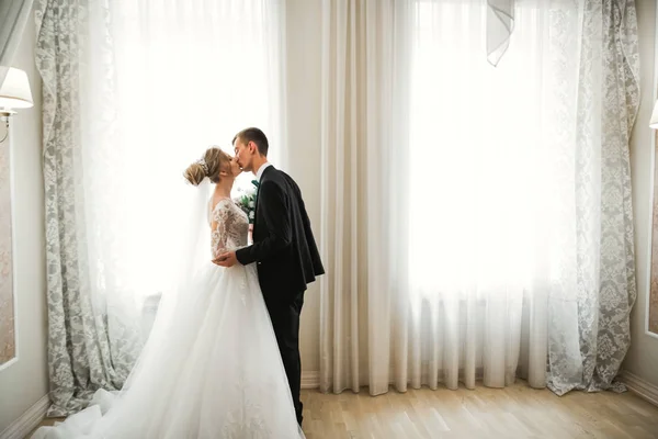 Hermosa novia y novio abrazando y besándose en el día de su boda — Foto de Stock