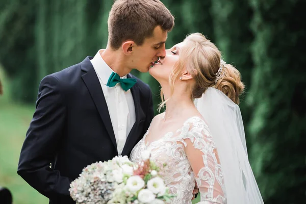 Krásná nevěsta a ženich objímání a líbání v jejich svatební den — Stock fotografie