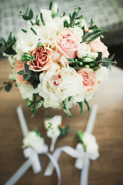 Beautiful wedding bouquet with different flowers, roses — Stock Photo, Image