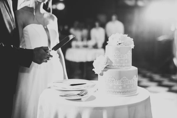 Braut und Bräutigam beim Anschneiden der Hochzeitstorte — Stockfoto