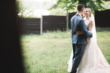 Romantik düğün anı, yeni evli çiftin gülümseyen portresi, gelin ve damadın kucaklaşması