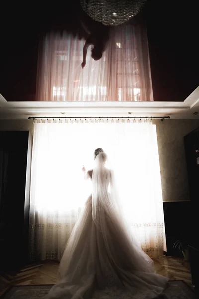 Retrato de belleza de la novia con vestido de novia de moda con plumas con maquillaje y peinado de lujo deleite — Foto de Stock