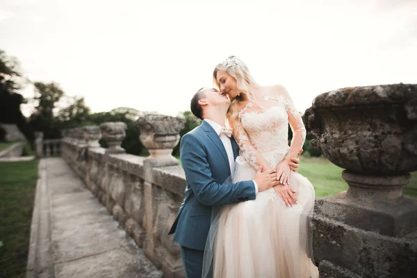 Casamento romântico momento, casal de recém-casados sorrindo retrato, noiva e noivo abraçando — Fotografia de Stock